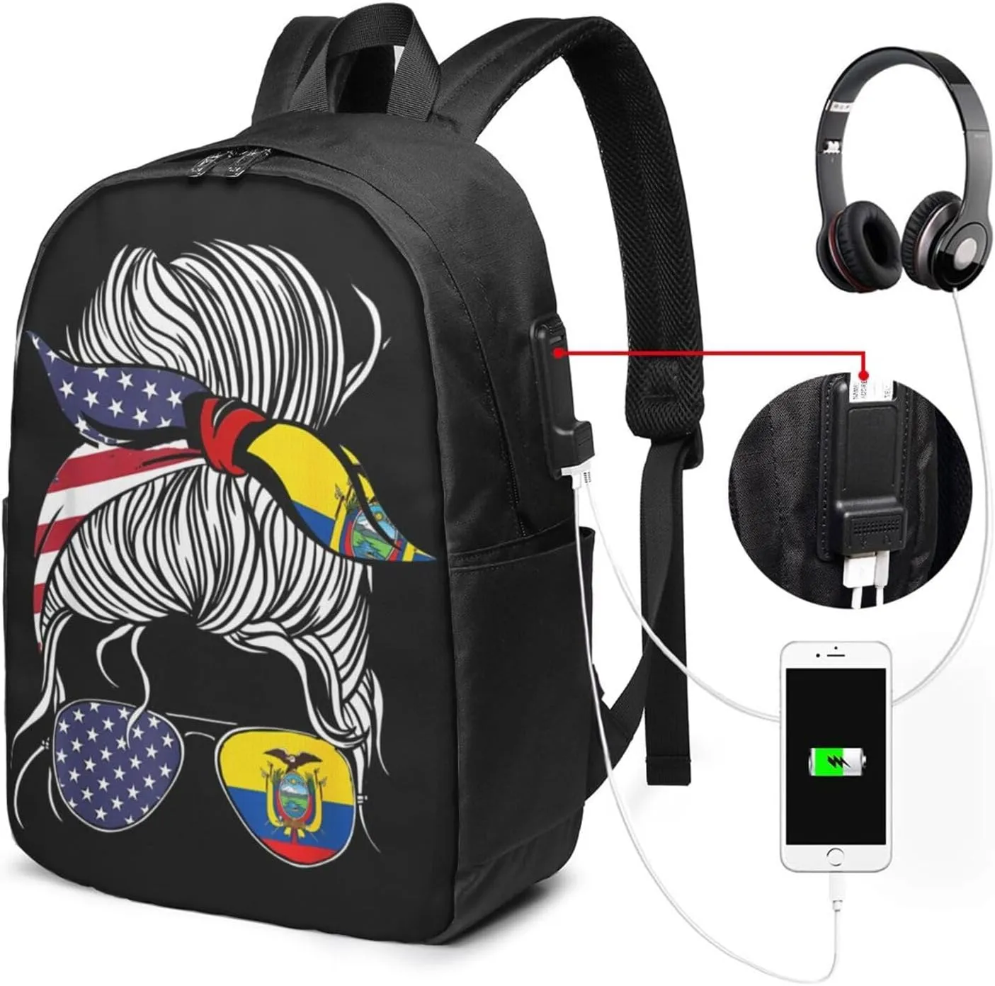 American Ecuadorian Flag Women Women Ecuador Grown Travel Backpack 17-Inch Laptop Backpacks Business Rucksack Casual Sport Daypack with USB Charging Port Carry-on Bag for Camping Biking