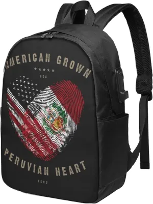 American Peruvian Peru Flag Heart Love Laptop Backpacks Travel Backpack Casual Business Daypack Sport Rucksack Computer Bag Fits up to 17 Inch Notebook with USB Port