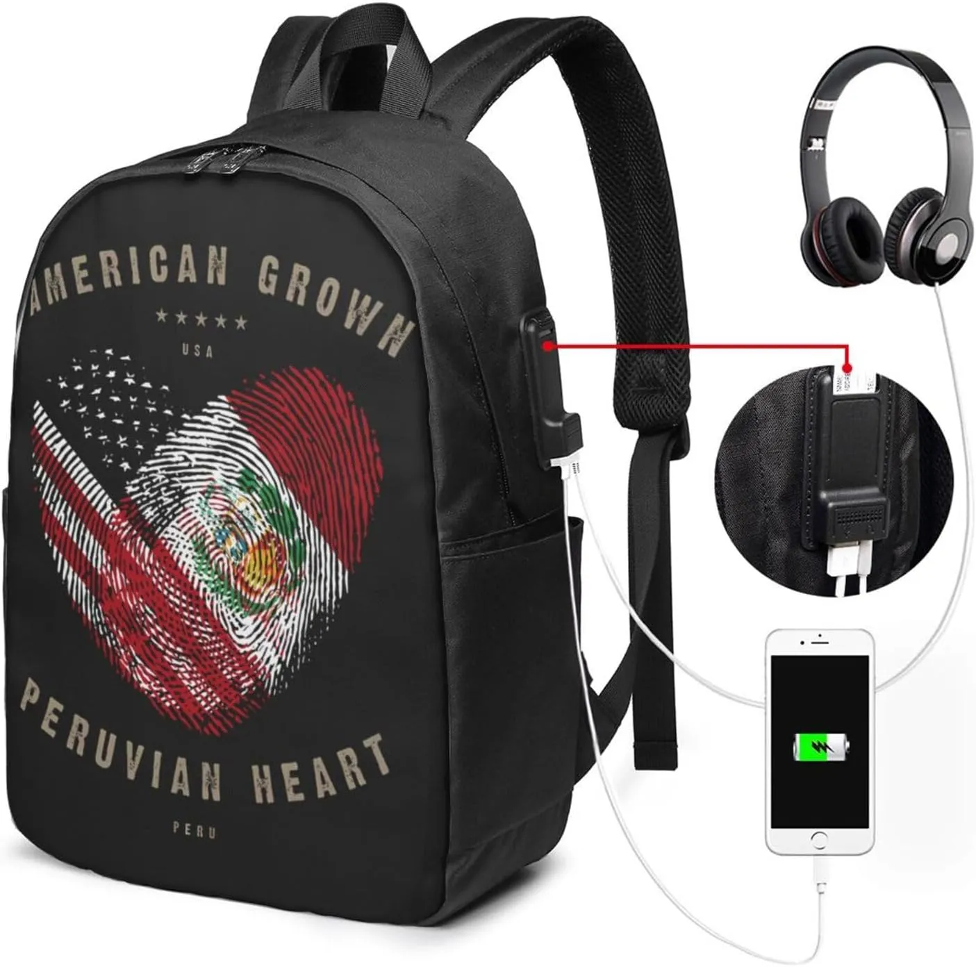 American Peruvian Peru Flag Heart Love Laptop Backpacks Travel Backpack Casual Business Daypack Sport Rucksack Computer Bag Fits up to 17 Inch Notebook with USB Port