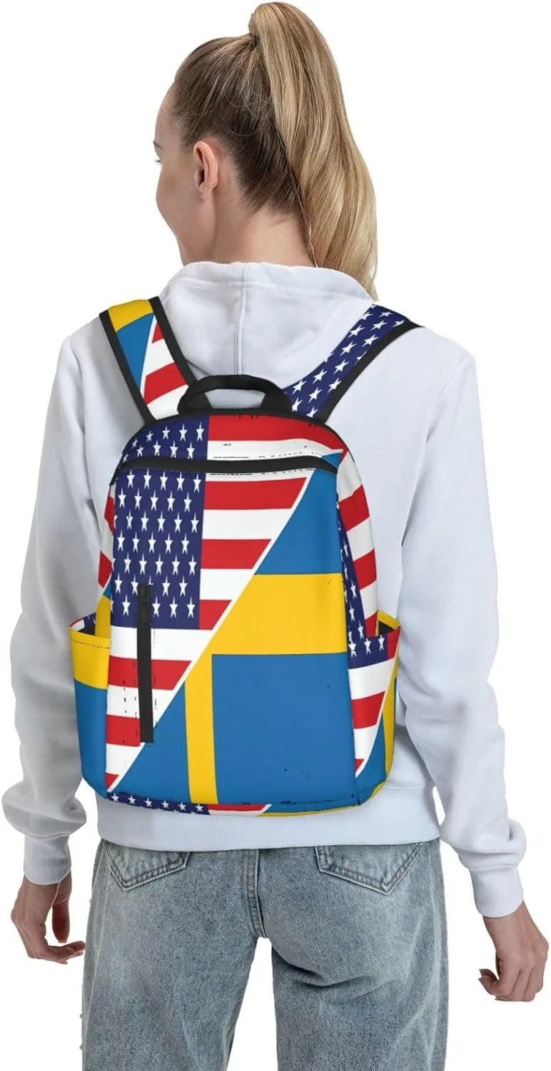 American Sweden Flag Swedish Roots Casual Laptop Backpack Travel Rucksack Sports Daypack Adjustable Strap Bags with Multi-Pockets for Working Running Camping