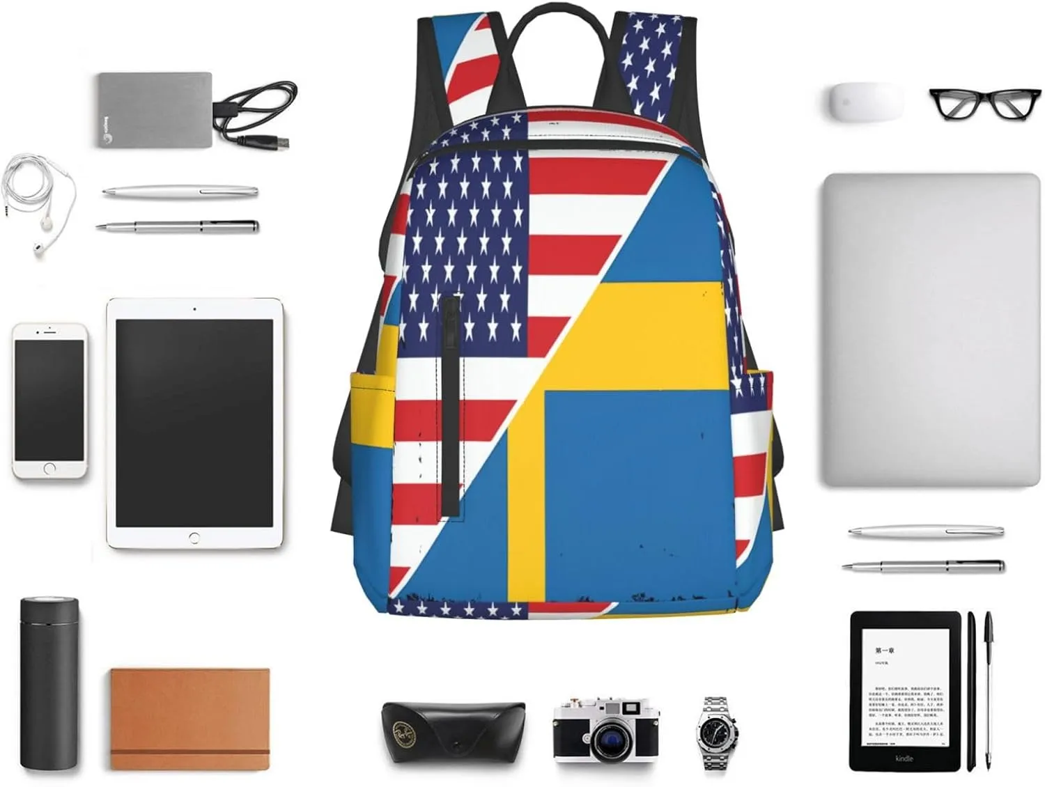 American Sweden Flag Swedish Roots Casual Laptop Backpack Travel Rucksack Sports Daypack Adjustable Strap Bags with Multi-Pockets for Working Running Camping