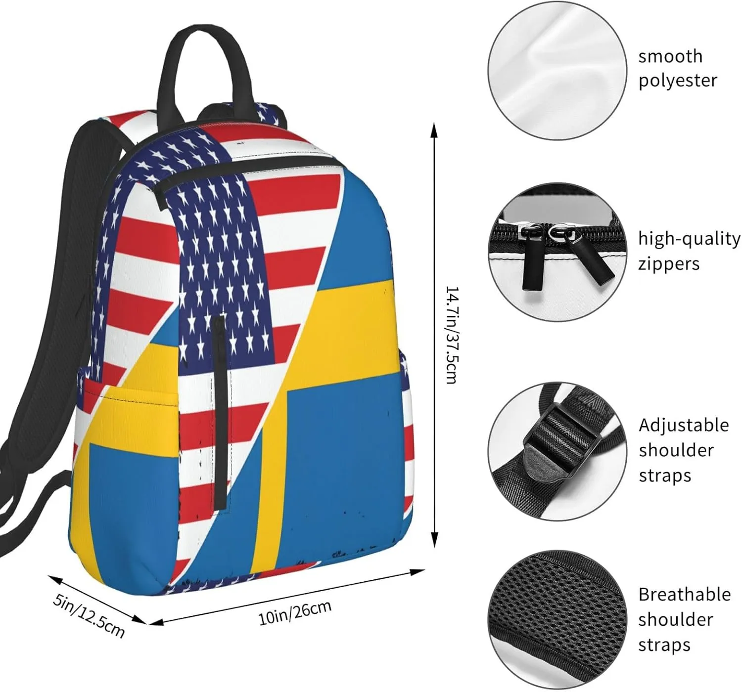 American Sweden Flag Swedish Roots Casual Laptop Backpack Travel Rucksack Sports Daypack Adjustable Strap Bags with Multi-Pockets for Working Running Camping