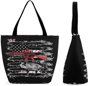 American USA Flag Boar Hunting Wild Tote Bag for Women Reusable Beach Shoulder Bag Lightweight Grocery Bags Travel Handbag
