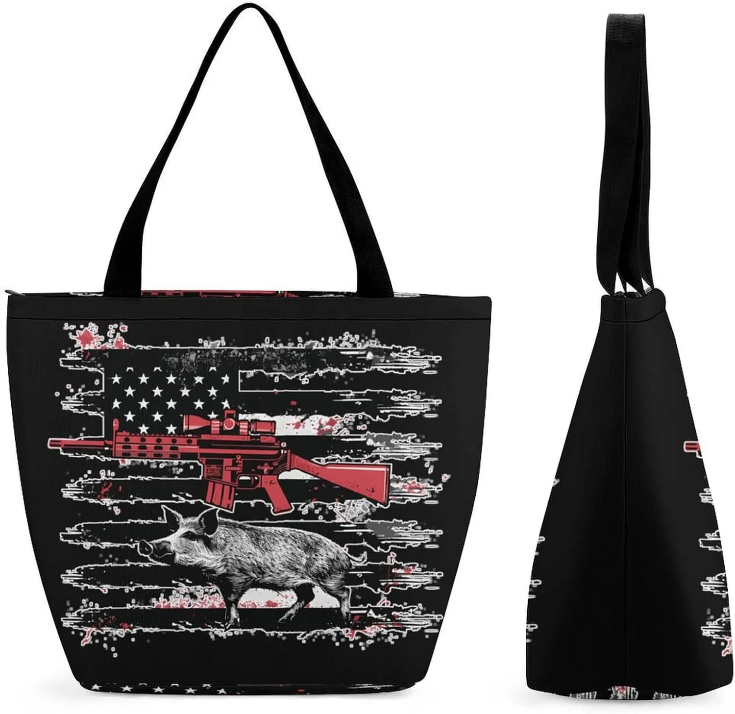 American USA Flag Boar Hunting Wild Tote Bag for Women Reusable Beach Shoulder Bag Lightweight Grocery Bags Travel Handbag