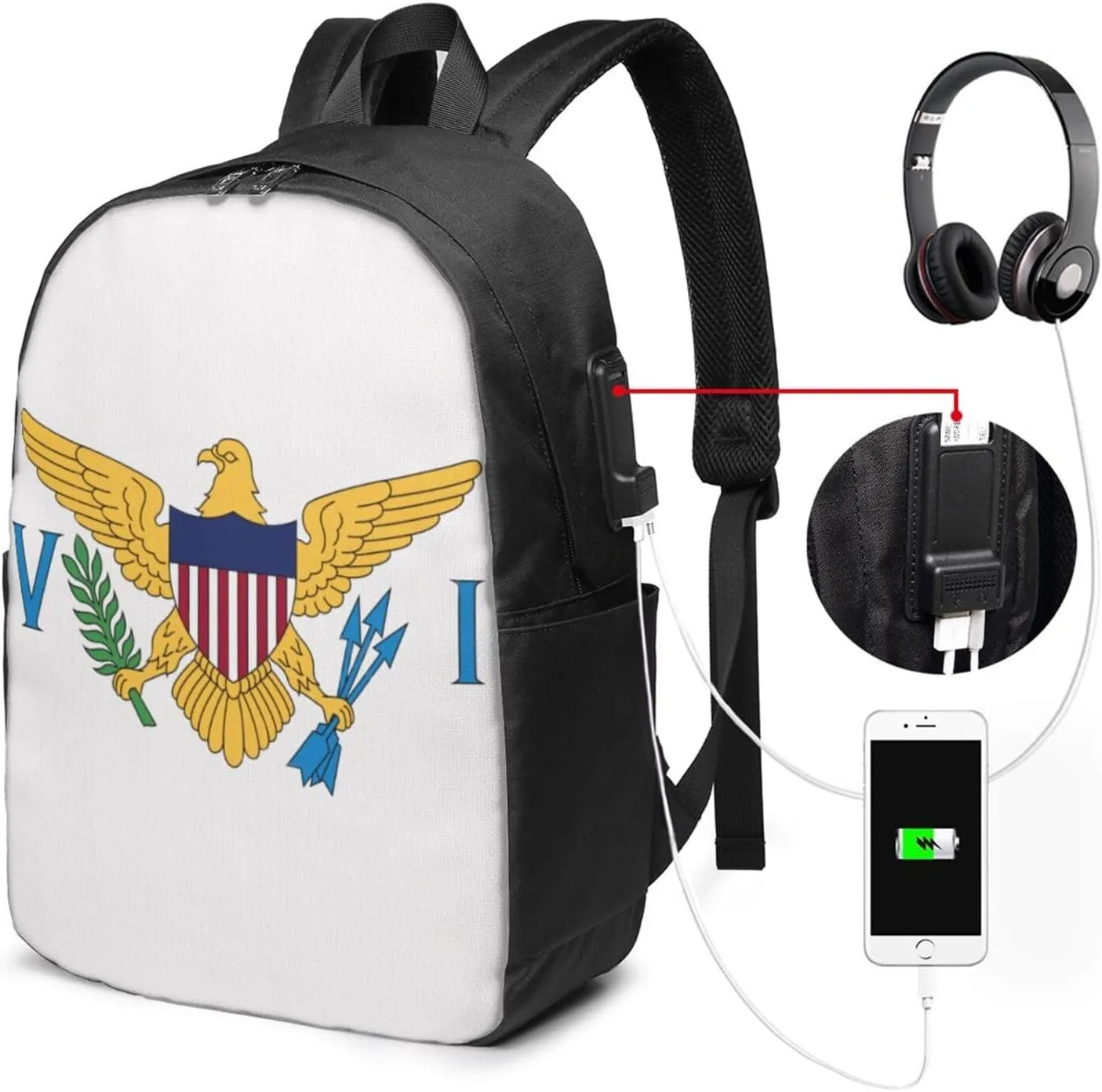 American Virgin Islands Flags Eagle Laptop Backpacks Travel Backpack Casual Business Daypack Sport Rucksack Computer Bag Fits up to 17 Inch Notebook with USB Port