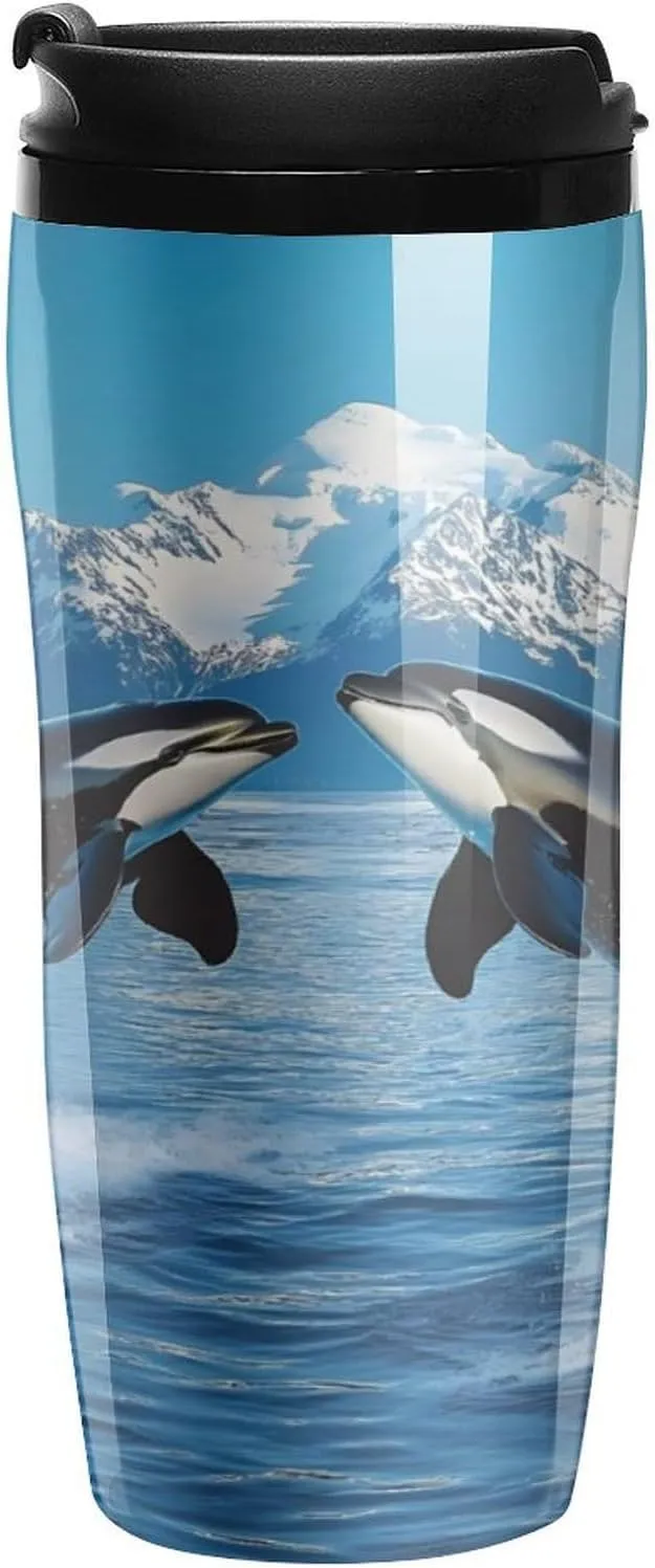 Animal Orcas Iceberg Coffee Mug with Lid Portable Tumbler Water Bottle for Travel Business 350ml