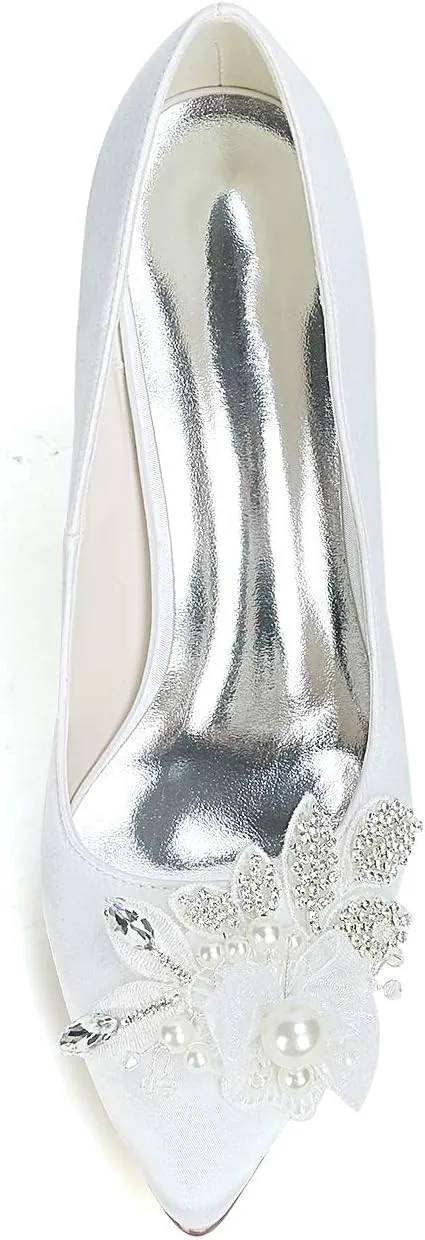 Anna's Bridal Pearl Satin White Wedding Shoes for Bride High Heels Pointed Toe Crystal Evening Prom Party Pumps Heels