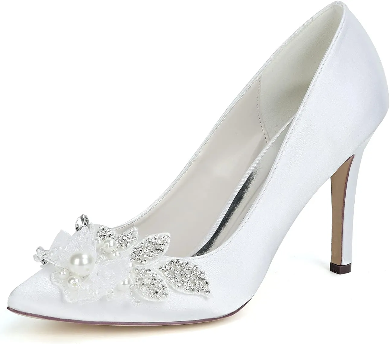 Anna's Bridal Pearl Satin White Wedding Shoes for Bride High Heels Pointed Toe Crystal Evening Prom Party Pumps Heels