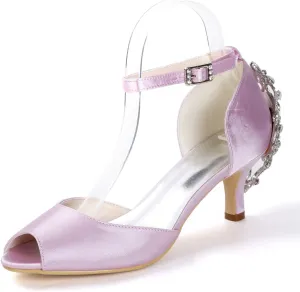 Anna's Bridal Peep Toe Heels for Women Comfort Satin Rhinestone Ankle Strap Wedding Shoes for Bride Low Heel Pumps Sandals