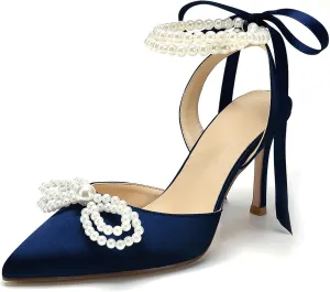 Anna's Bridal Satin White Wedding Shoes for Bride High Heels Closed Toe Bridal Shoes Sandals Prom Party Dress Pumps Sandals Elegant Pointed Toe Bridal Pear Heels for Women