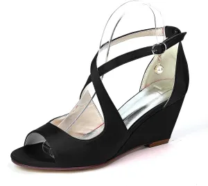 Anna's Bridal Women's Pearl Wedding Sandals for Bride Wedges Low Heel Comfortable Satin Shoes Peep Toe S Strap Formal Prom Party Shoes Sandals