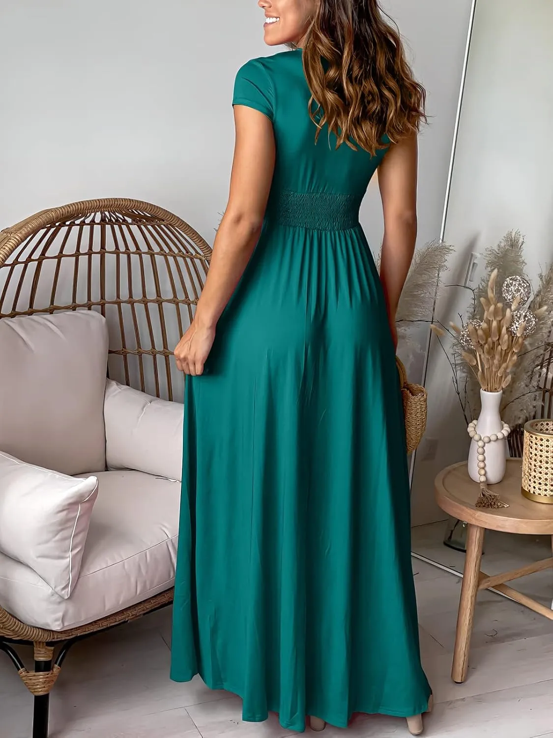 ANRABESS Women Summer Deep V Neck Short Sleeve Dresses Slit Elegant Wedding Guest Formal Cocktail Evening Maxi Long Dress