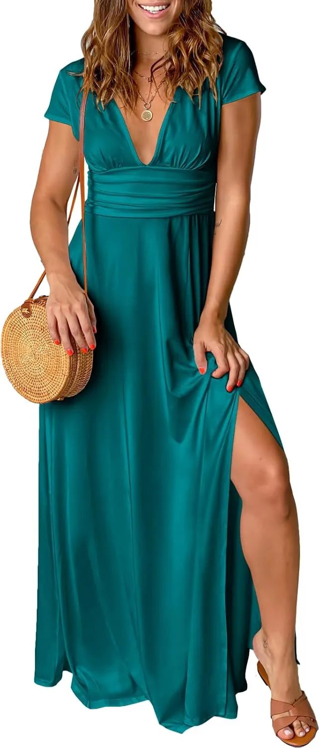 ANRABESS Women Summer Deep V Neck Short Sleeve Dresses Slit Elegant Wedding Guest Formal Cocktail Evening Maxi Long Dress