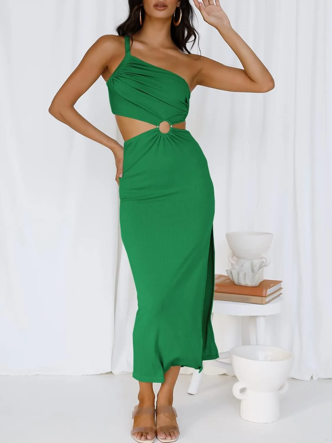 ANRABESS Women Summer One Shoulder Sleeveless Maxi Dress Cutout Sexy Bodycon Semi Formal Dinner Date Vacation Dresses