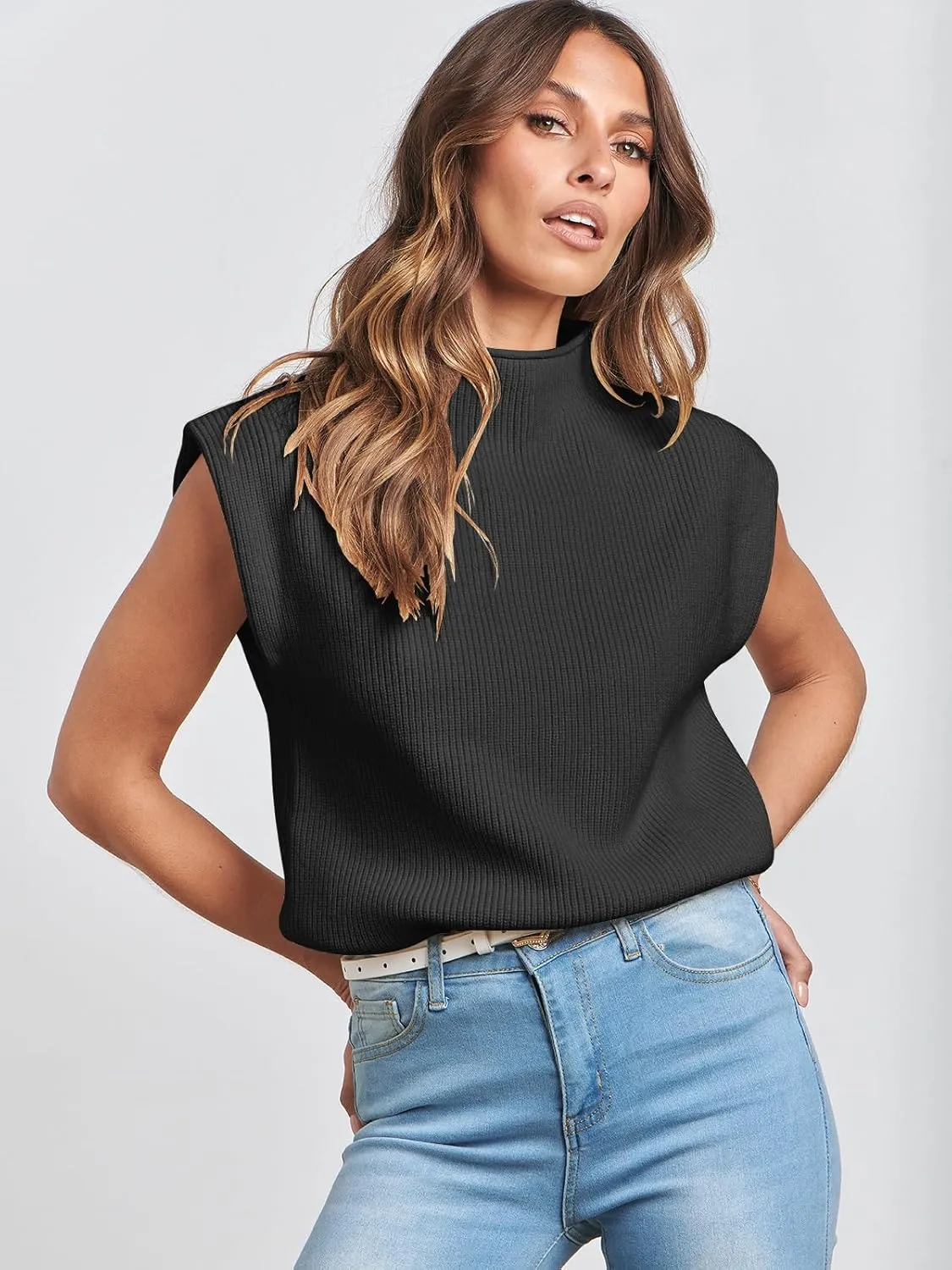 ANRABESS Women's Mock Neck Sleeveless Sweater Vest Casual Cap Sleeve Knit Pullover Tank Tops 2025 Spring Summer Clothes