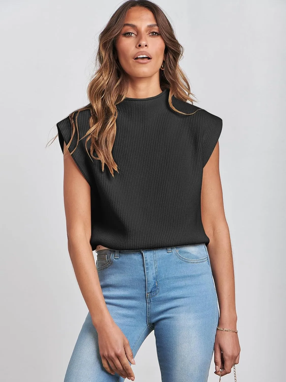 ANRABESS Women's Mock Neck Sleeveless Sweater Vest Casual Cap Sleeve Knit Pullover Tank Tops 2025 Spring Summer Clothes