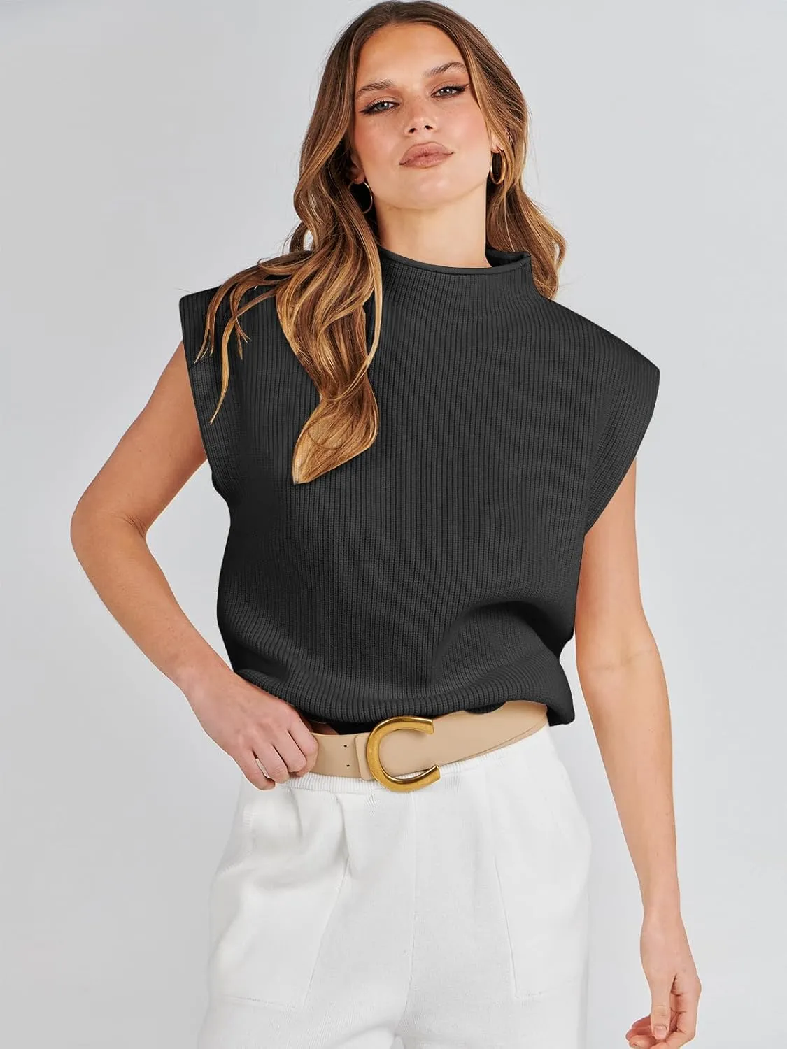 ANRABESS Women's Mock Neck Sleeveless Sweater Vest Casual Cap Sleeve Knit Pullover Tank Tops 2025 Spring Summer Clothes