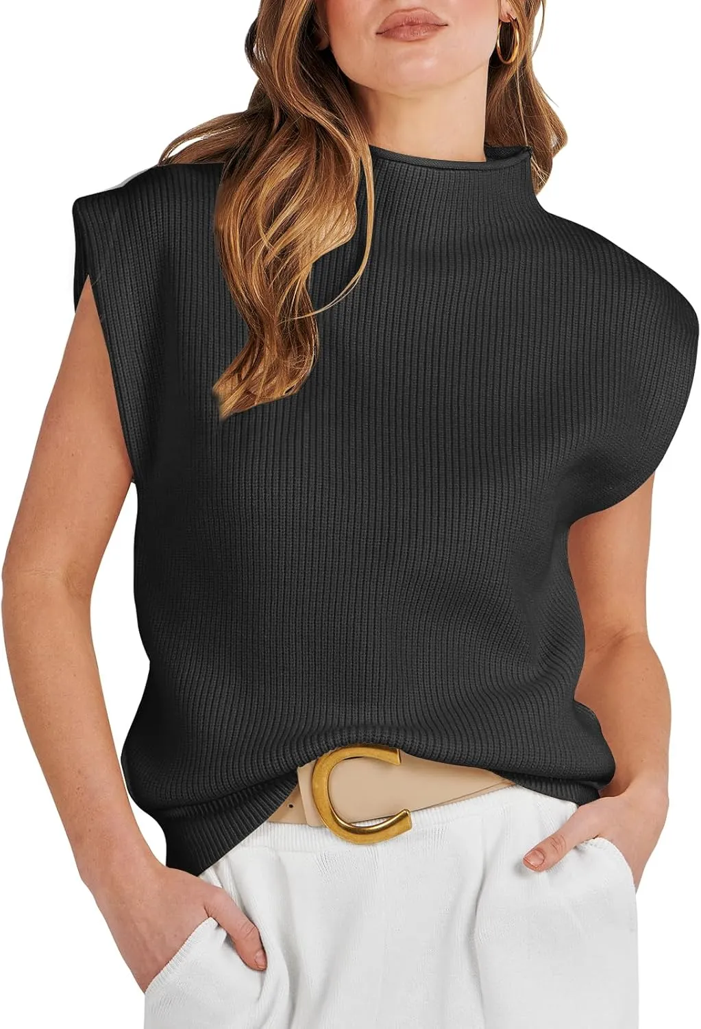 ANRABESS Women's Mock Neck Sleeveless Sweater Vest Casual Cap Sleeve Knit Pullover Tank Tops 2025 Spring Summer Clothes