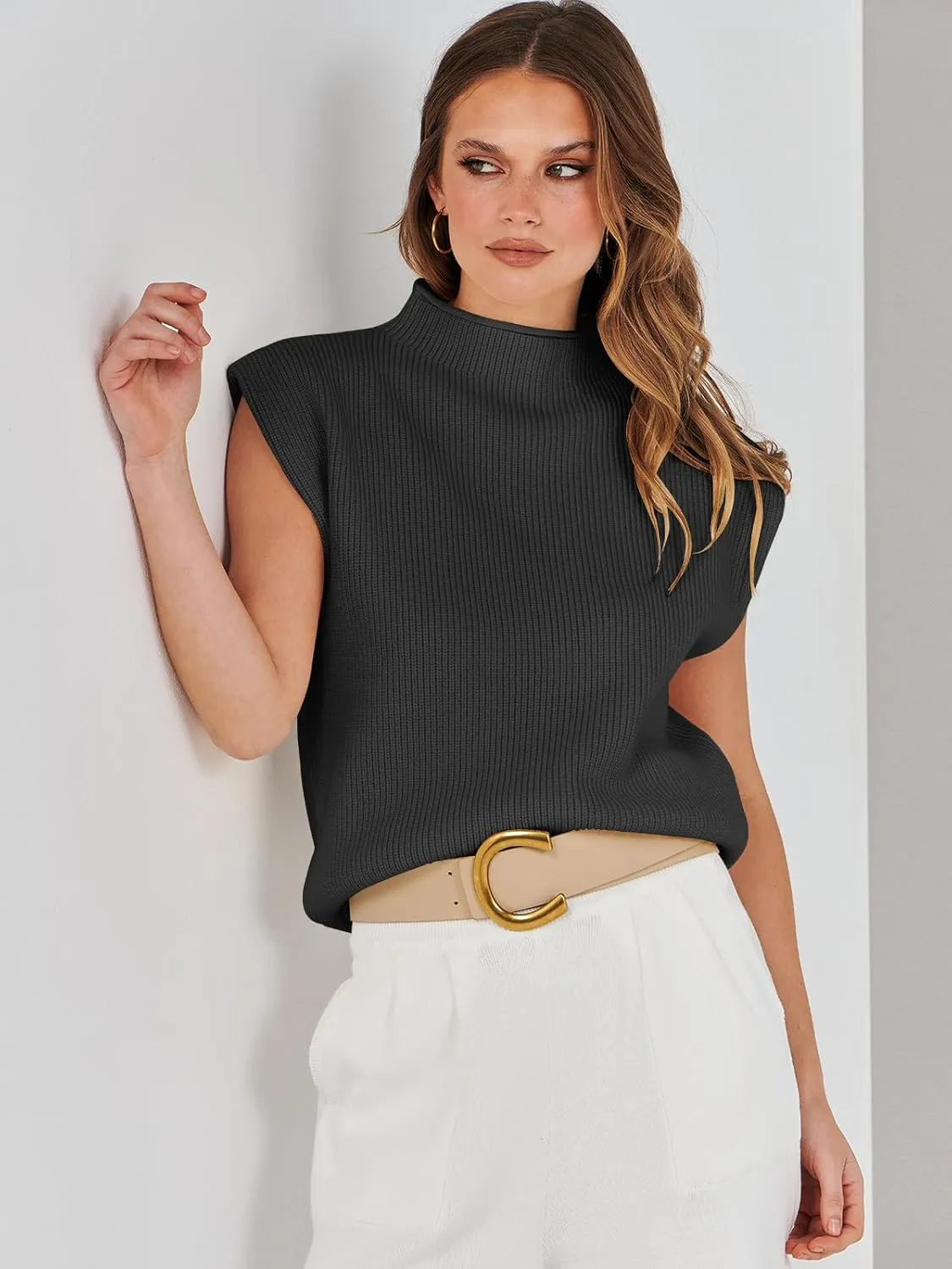 ANRABESS Women's Mock Neck Sleeveless Sweater Vest Casual Cap Sleeve Knit Pullover Tank Tops 2025 Spring Summer Clothes