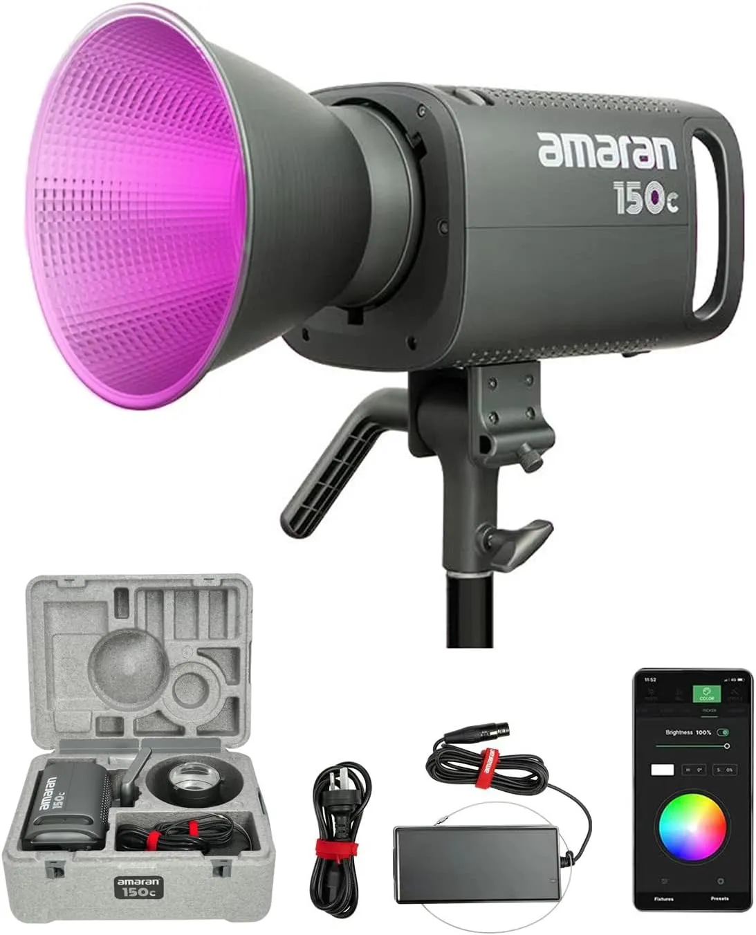 Aputure amaran 150c Video Light,RGB Studio Light 150W Output Bowens Mount Point-Source LED video light,15,610 lux @ 1m 2,500K ~7,500K CCT,APP Control 9 System FX Photography Lighting(amaran 150c Gray)