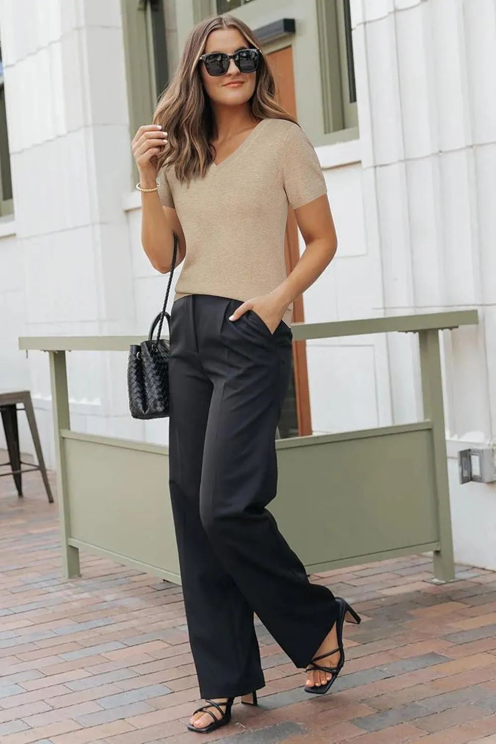 Arach&Cloz 2025 Womens Wool Blend Tops Soft V Neck Short Sleeve Summer Fashion Sweater Pullover Business Casual Outfits
