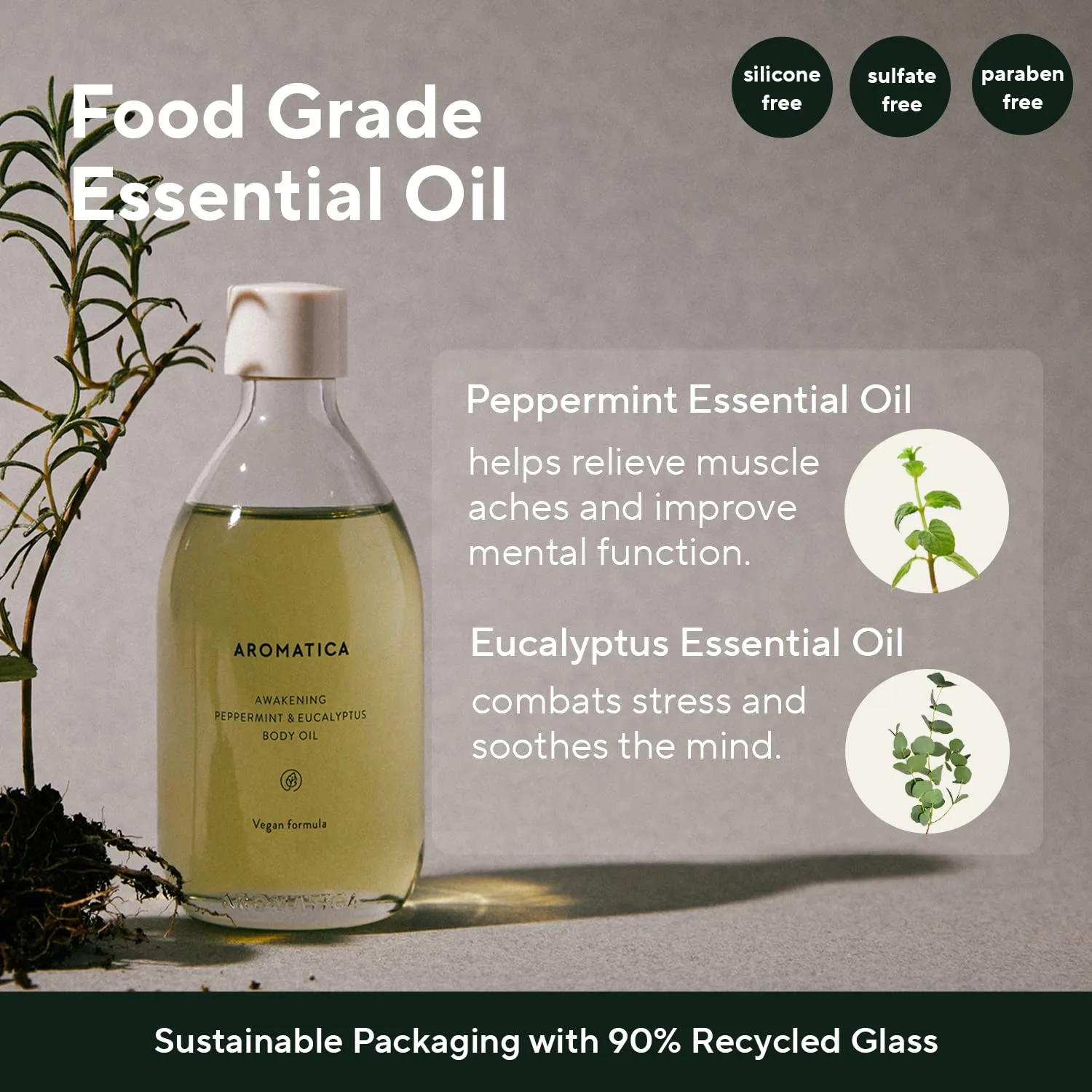AROMATICA Awakening Body Oil Peppermint & Eucalyptus Aromatherapy Oils, Scented Body Oil, After Shower Natural Oil for Women, Non-Greasy Body Serum, Body Moisturizer for Dry Skin 3.38 fl. oz