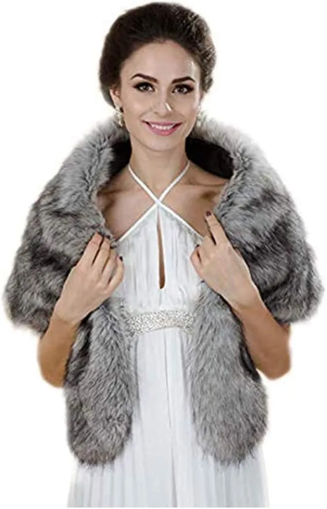 Aukmla Women's Wedding Fur Wraps and Shawls Bridal Fur Stoles Scarf with Rhinestones Brooch for Bride and Bridesmaids