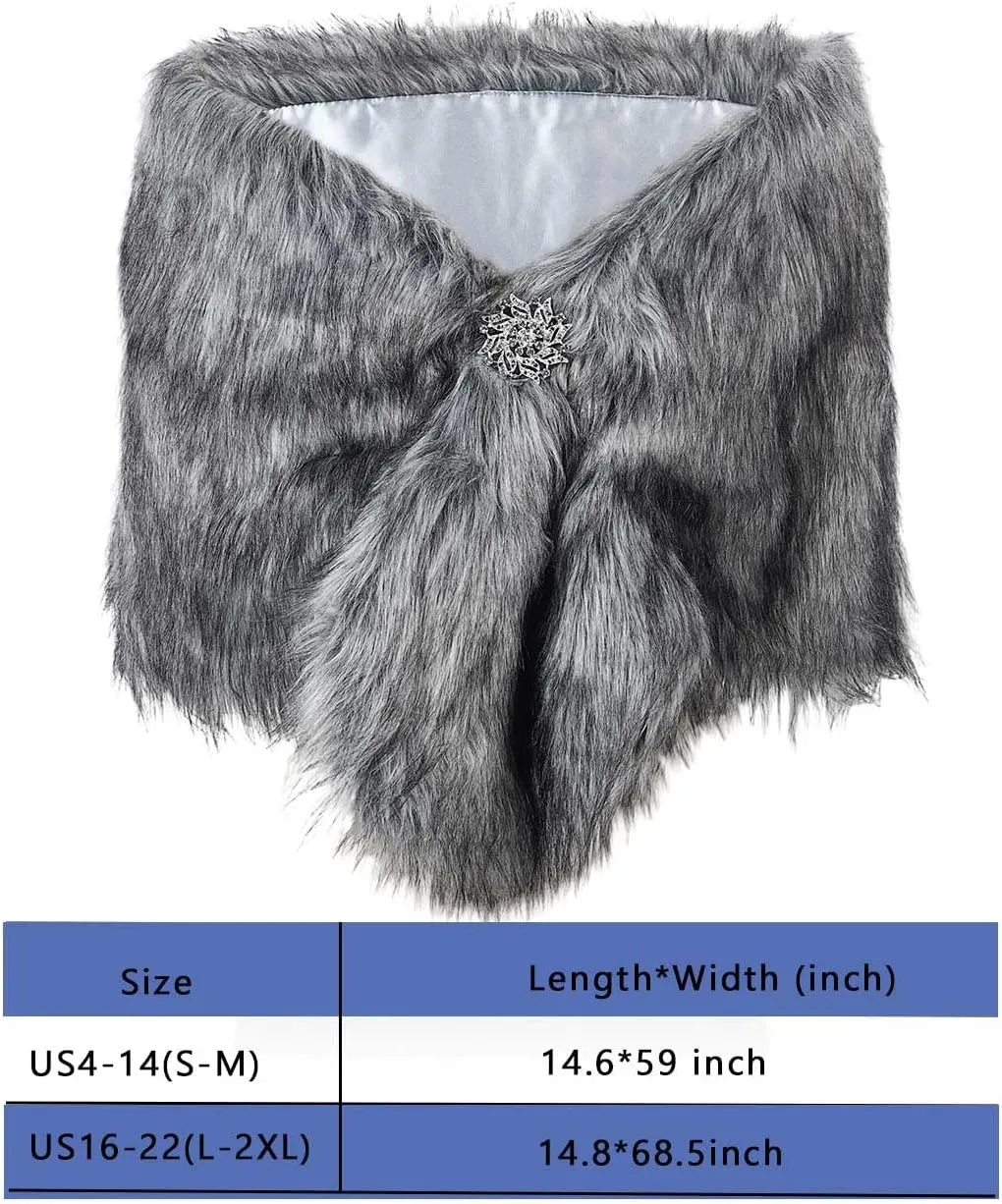 Aukmla Women's Wedding Fur Wraps and Shawls Bridal Fur Stoles Scarf with Rhinestones Brooch for Bride and Bridesmaids