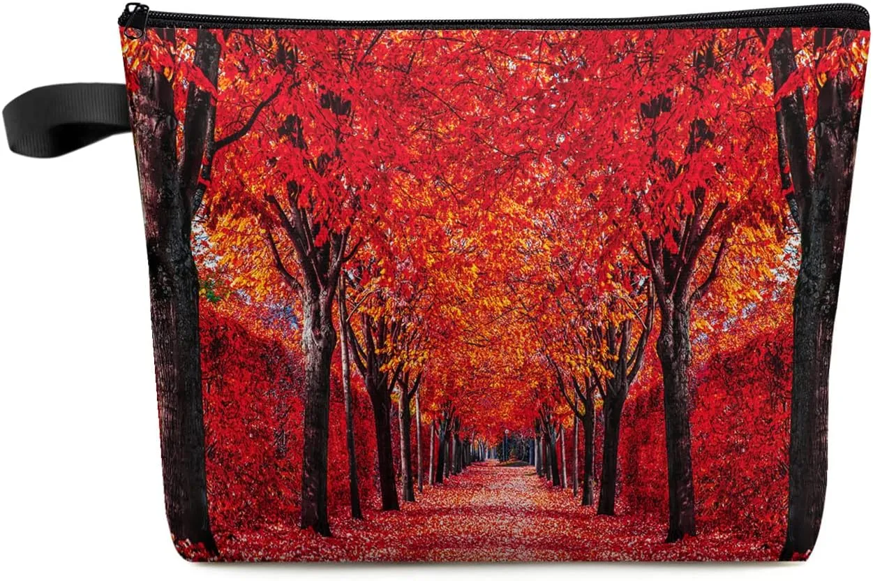 Autumn Pathway in The Woods Covered Dried Deciduous Red Leaves Cosmetic Bags for Women, Romantic Fall Season Small Makeup Bag for Purse, Waterproof Travel Toiletry Bag Organizer, 1PCS
