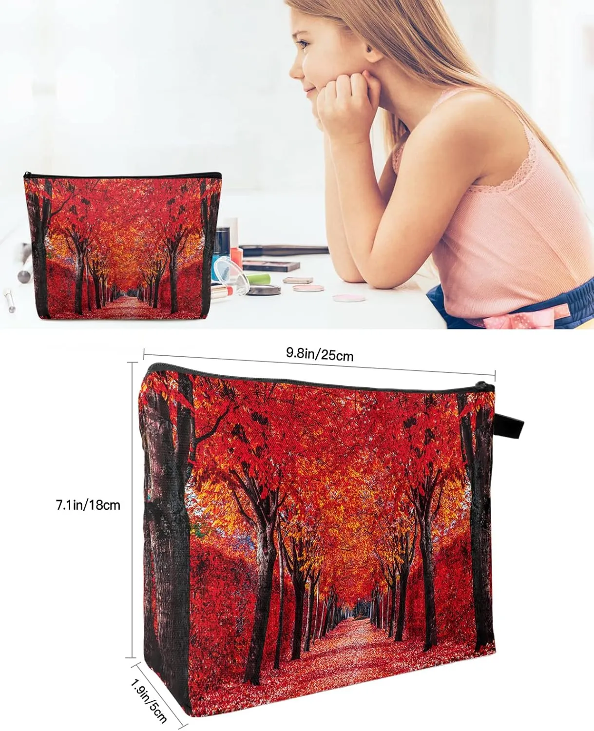 Autumn Pathway in The Woods Covered Dried Deciduous Red Leaves Cosmetic Bags for Women, Romantic Fall Season Small Makeup Bag for Purse, Waterproof Travel Toiletry Bag Organizer, 1PCS