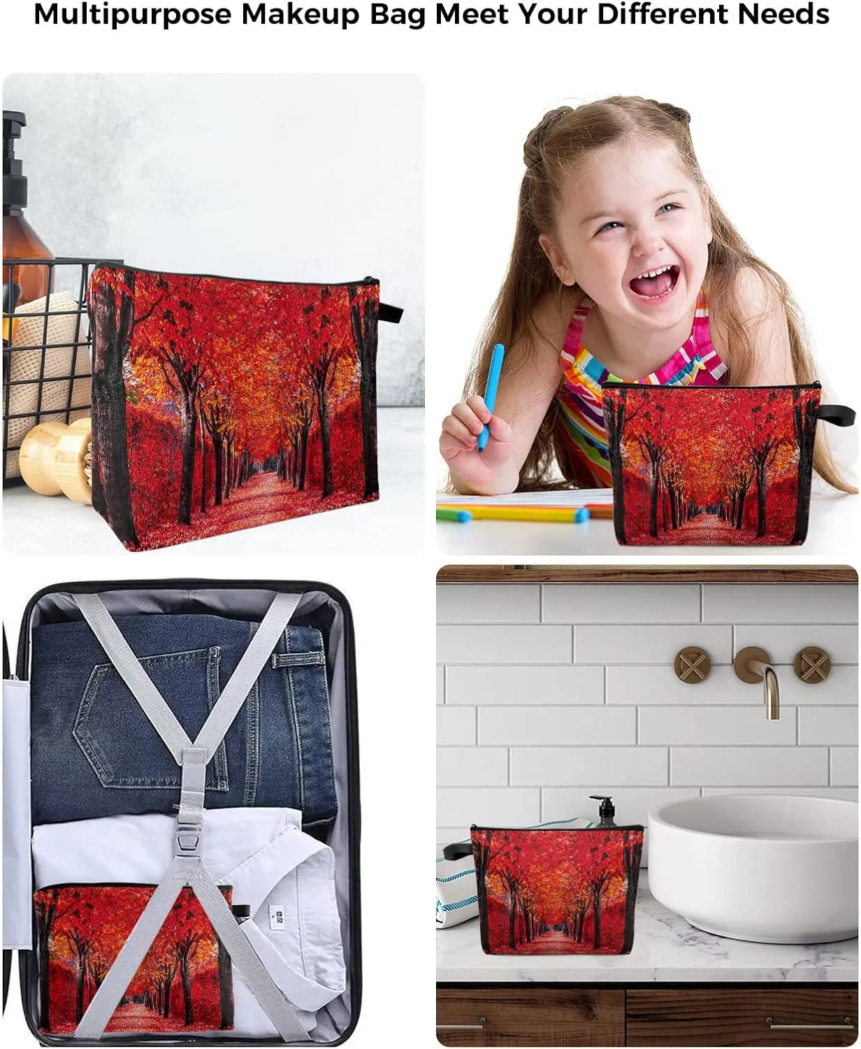 Autumn Pathway in The Woods Covered Dried Deciduous Red Leaves Cosmetic Bags for Women, Romantic Fall Season Small Makeup Bag for Purse, Waterproof Travel Toiletry Bag Organizer, 1PCS