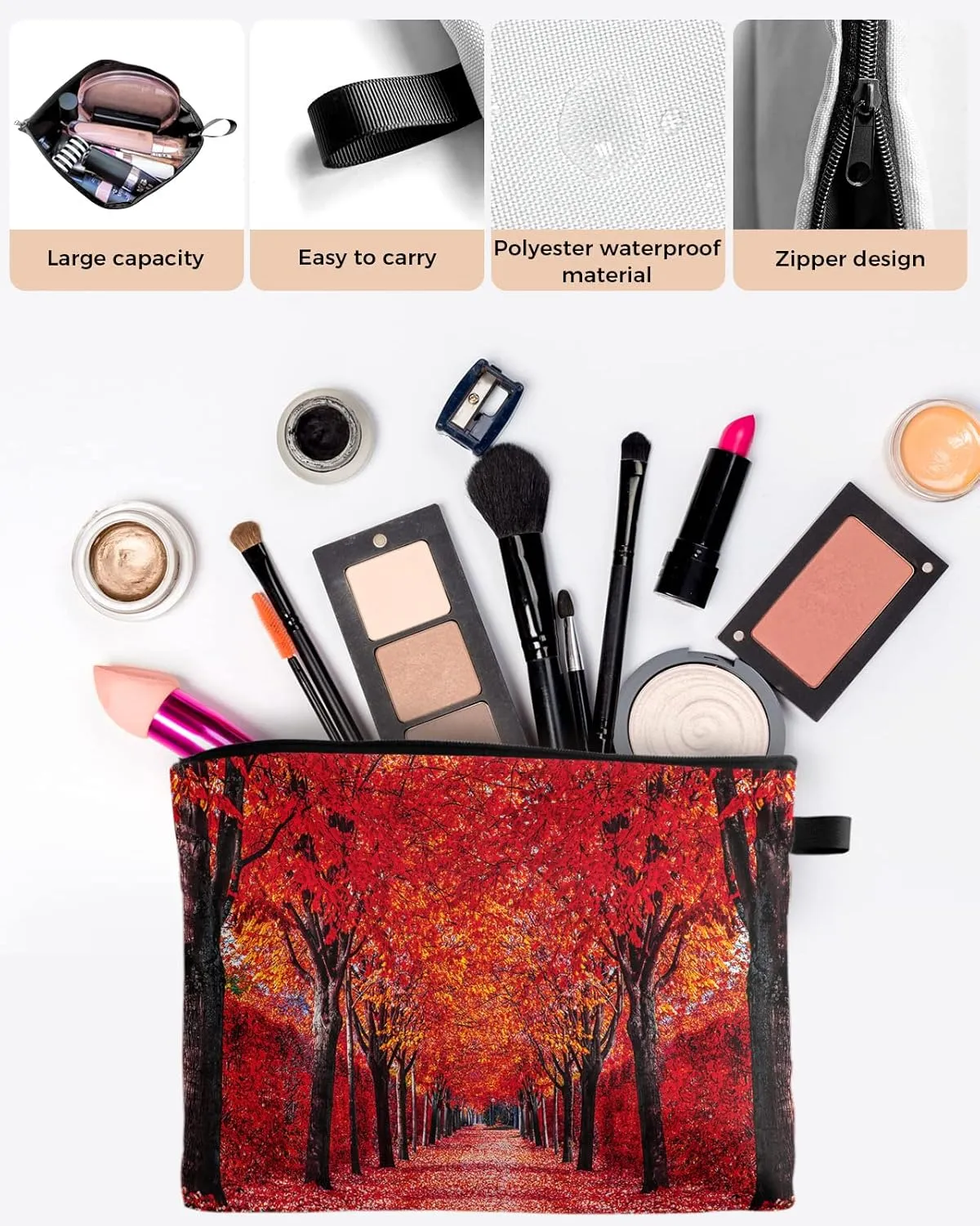 Autumn Pathway in The Woods Covered Dried Deciduous Red Leaves Cosmetic Bags for Women, Romantic Fall Season Small Makeup Bag for Purse, Waterproof Travel Toiletry Bag Organizer, 1PCS