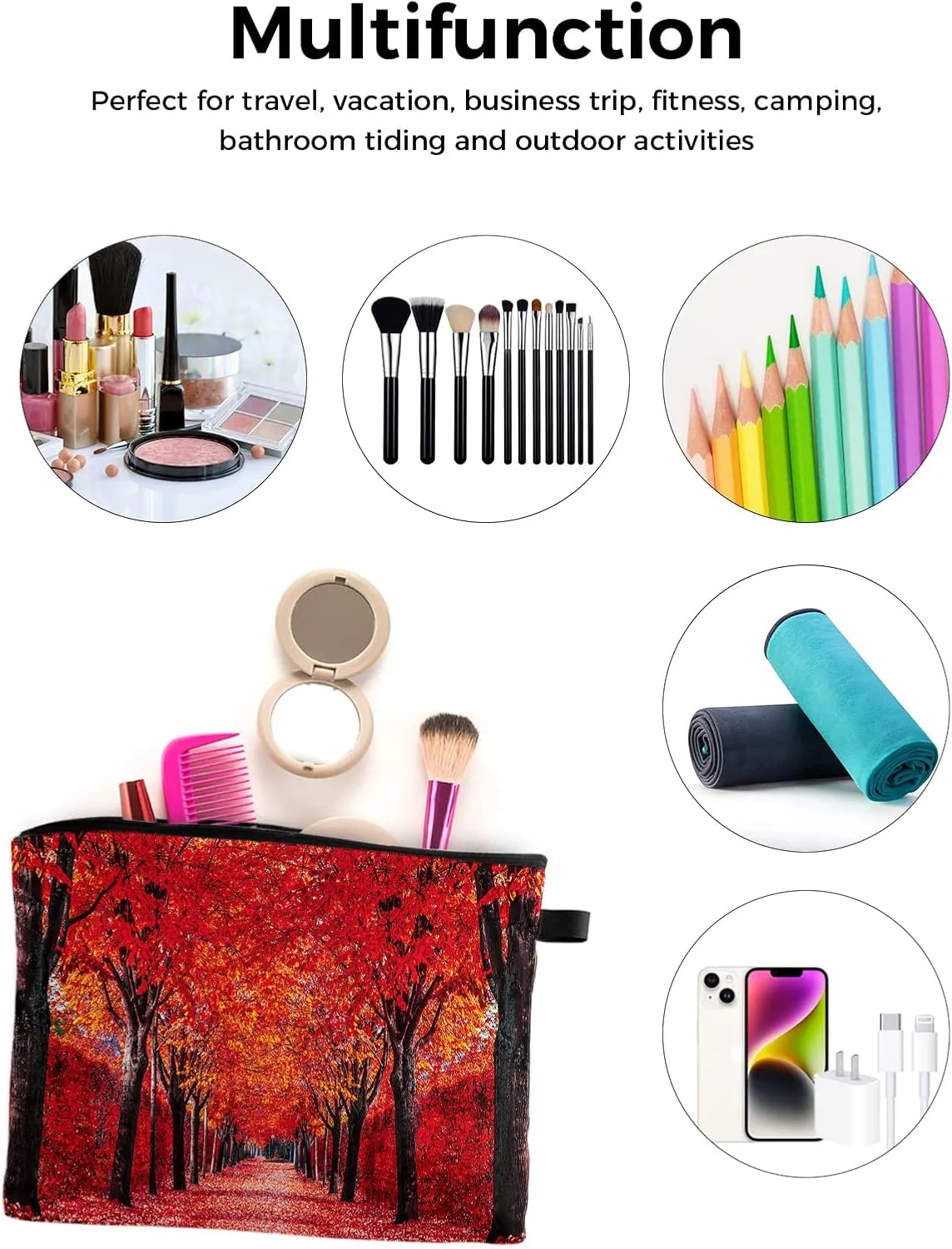 Autumn Pathway in The Woods Covered Dried Deciduous Red Leaves Cosmetic Bags for Women, Romantic Fall Season Small Makeup Bag for Purse, Waterproof Travel Toiletry Bag Organizer, 1PCS