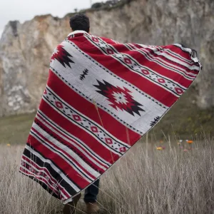 Aztec Patterned Throw Blanket with Soft Sherpa Lining, Traditional Southwestern Navajo Tribal Style Warm Throw for Camping, Outdoor, Light Weight Cozy Boho Blanket for Couch, Sofa, Bed, 50”x60”, Red