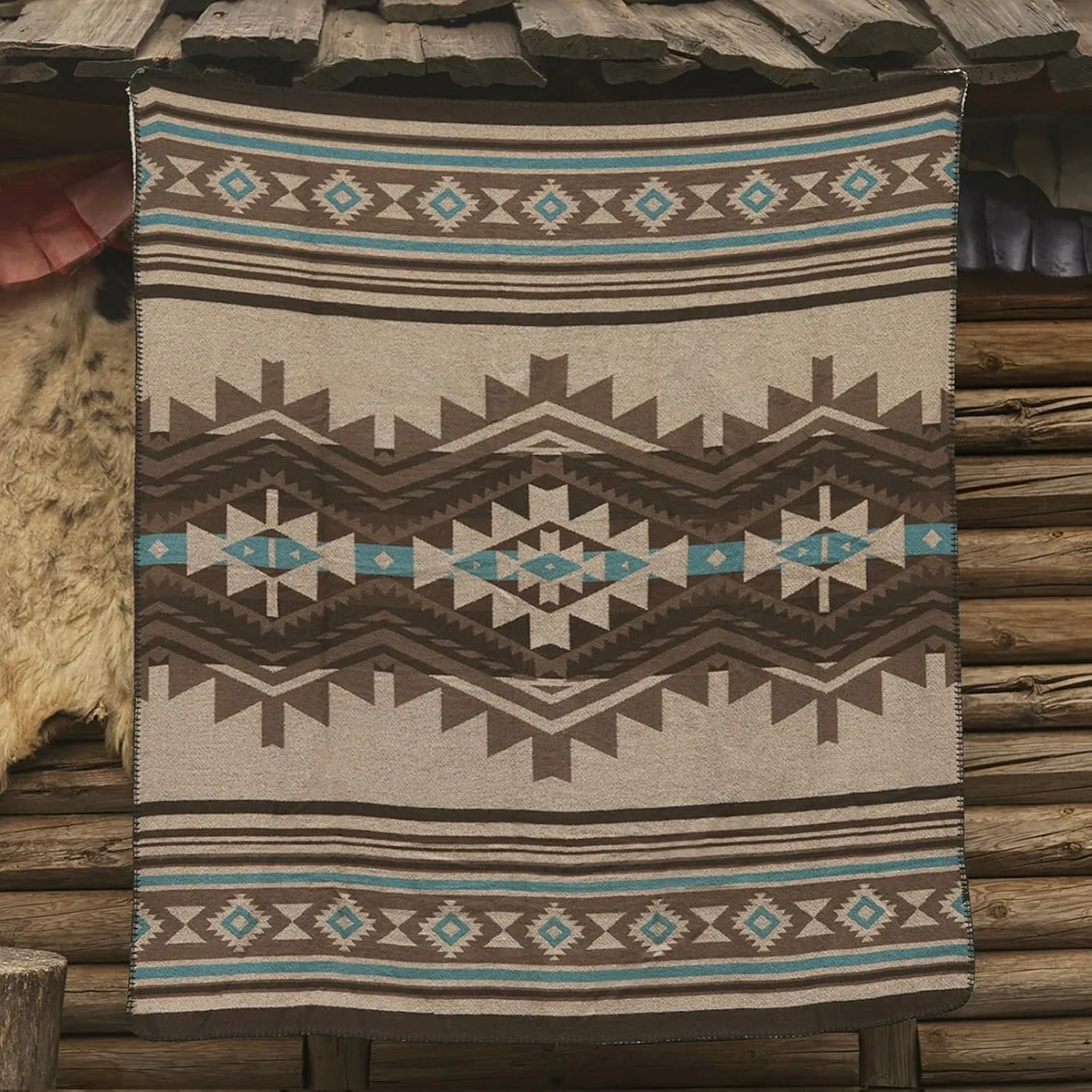 Aztec Throw Blanket with Soft Sherpa Lining, Traditional Southwestern Navajo Tribal Style Warm Throw for Camping, Outdoor, Cozy Boho Blanket for Couch, Sofa, Bed, 50"x60", Teddy Brown
