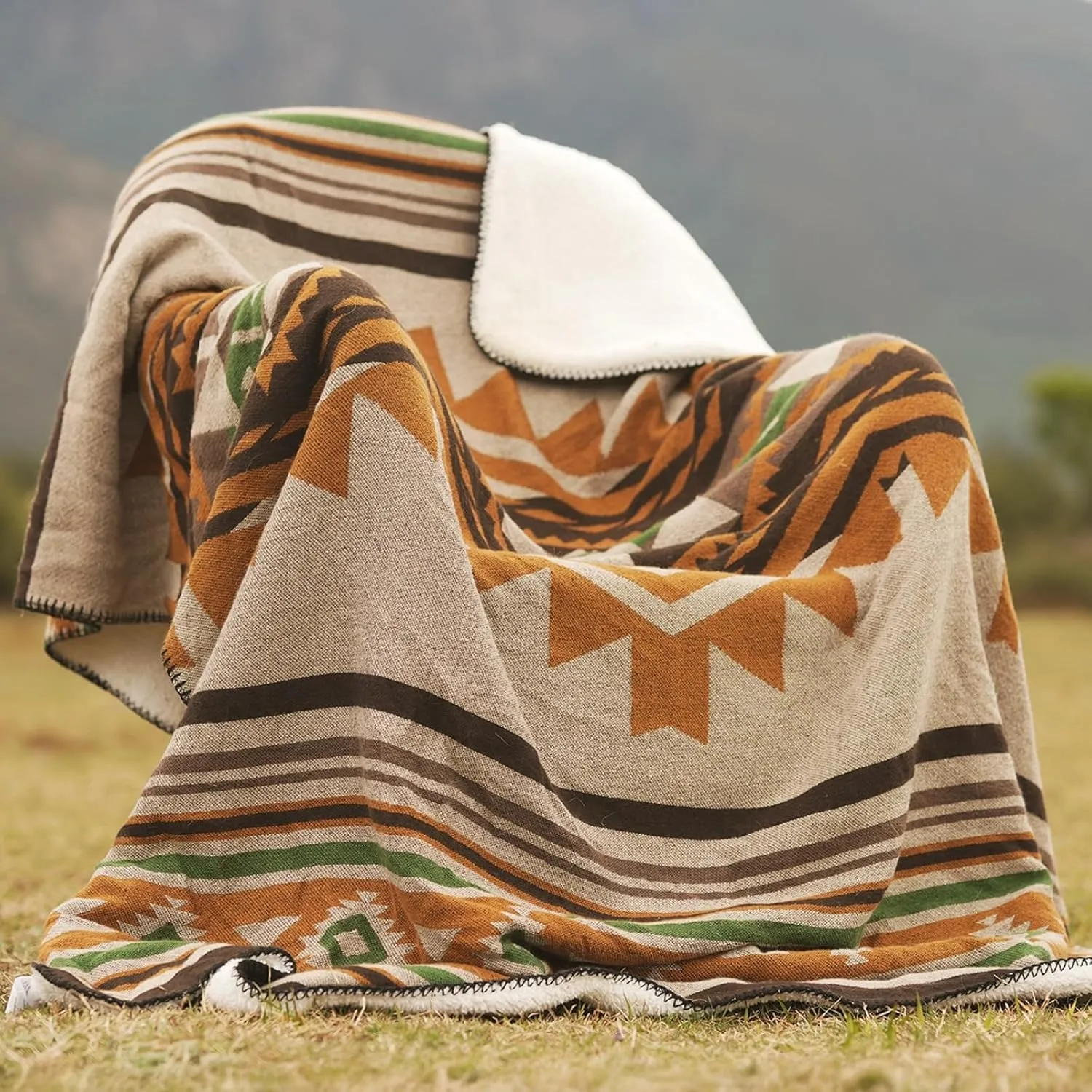 Aztec Throw Blanket with Soft Sherpa Lining, Traditional Southwestern Navajo Tribal Style Warm Throw for Camping, Outdoor, Cozy Boho Blanket for Couch, Sofa, Bed, 50"x60", Yellow