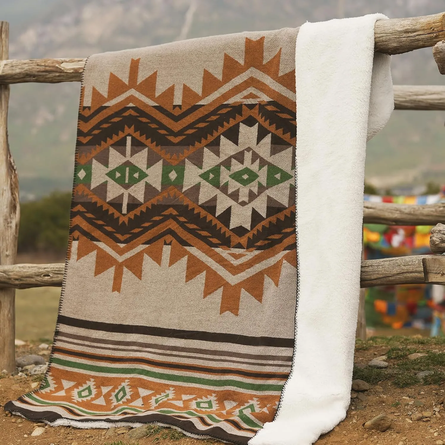 Aztec Throw Blanket with Soft Sherpa Lining, Traditional Southwestern Navajo Tribal Style Warm Throw for Camping, Outdoor, Cozy Boho Blanket for Couch, Sofa, Bed, 50"x60", Yellow