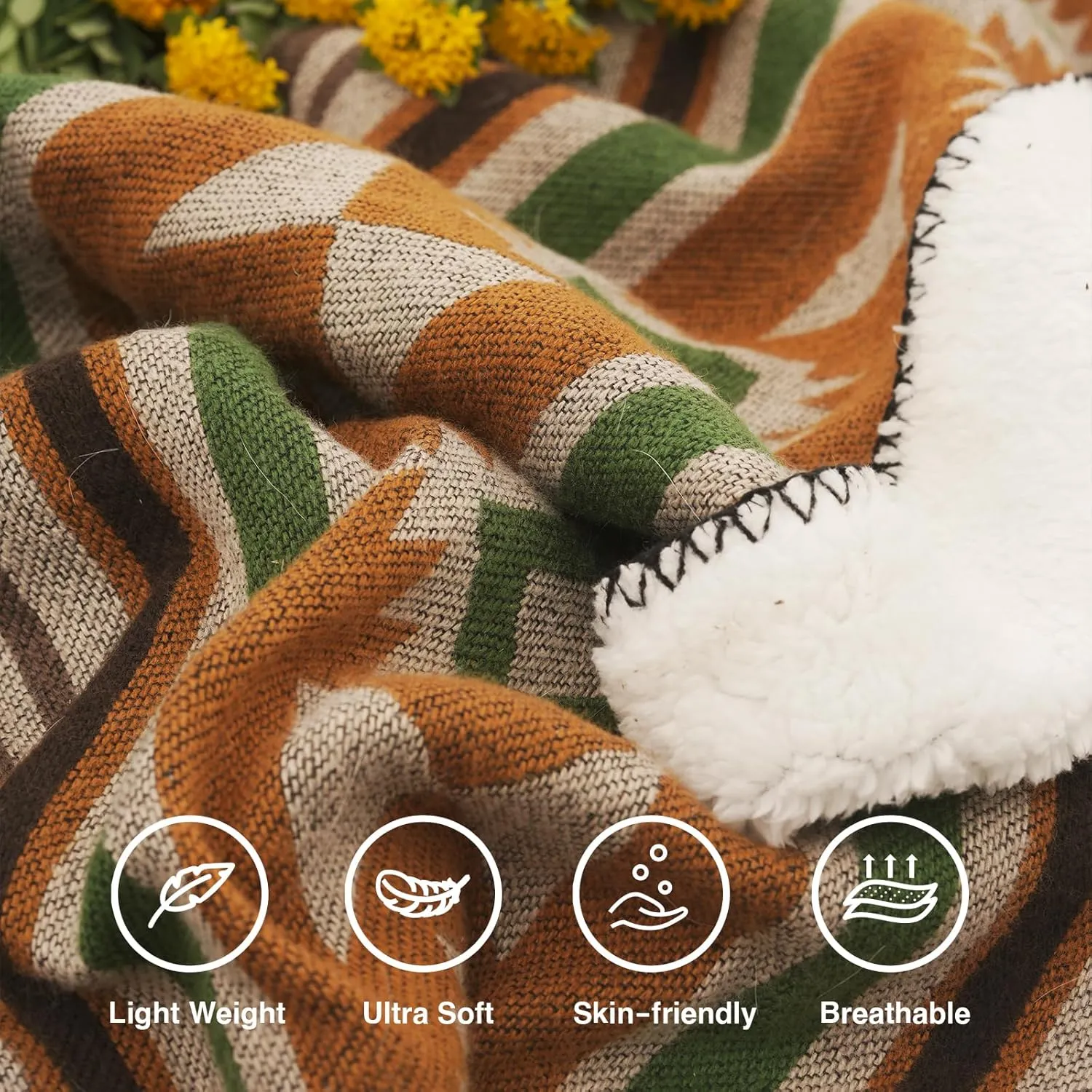 Aztec Throw Blanket with Soft Sherpa Lining, Traditional Southwestern Navajo Tribal Style Warm Throw for Camping, Outdoor, Cozy Boho Blanket for Couch, Sofa, Bed, 50"x60", Yellow