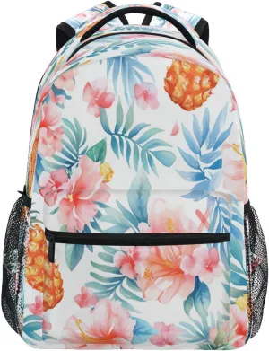Backpacks for Teenager Fashion School Bag with Chest Strap for Business Work College Travel Trip Sliced Pineapple and Flowers Watercolor
