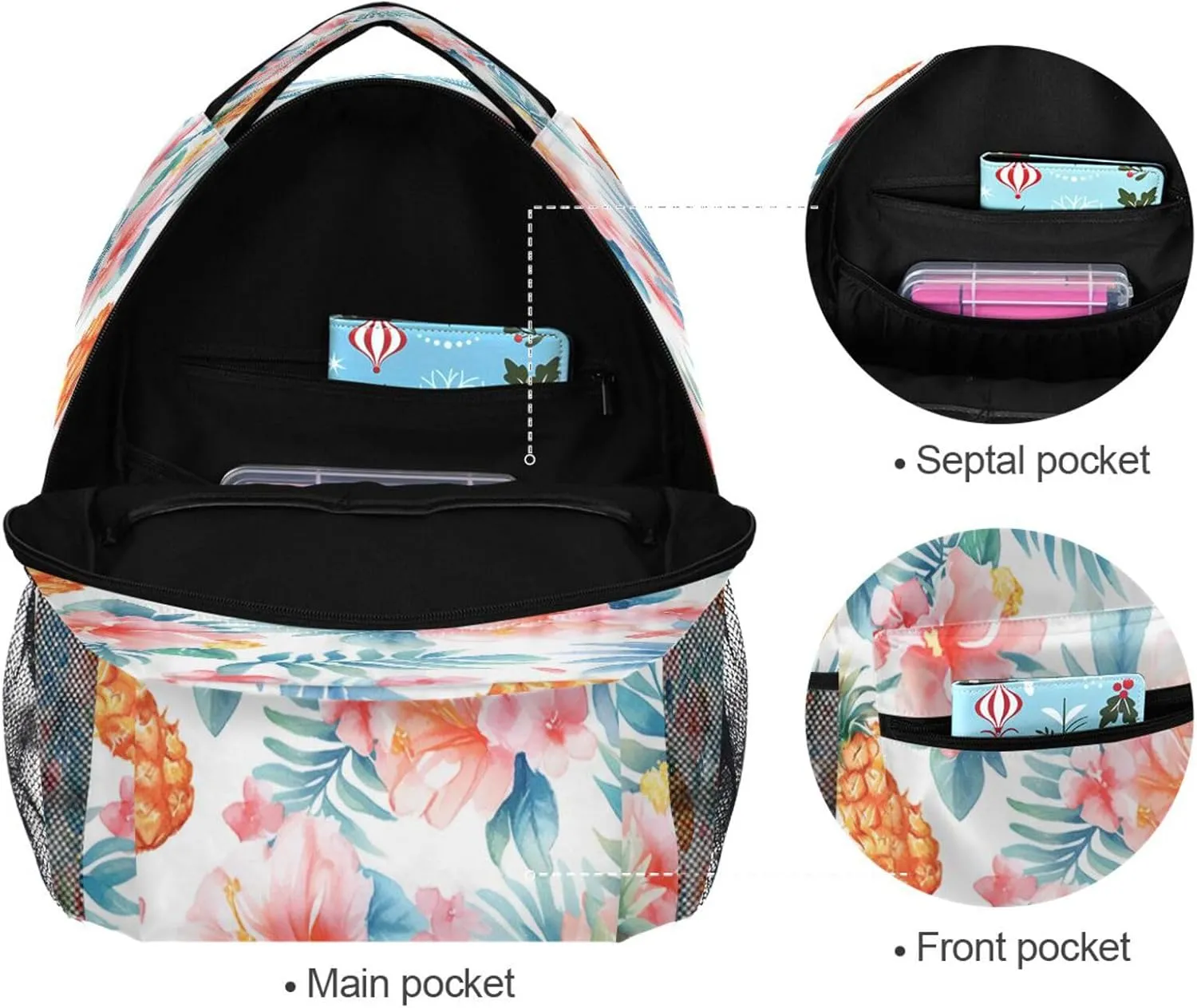 Backpacks for Teenager Fashion School Bag with Chest Strap for Business Work College Travel Trip Sliced Pineapple and Flowers Watercolor