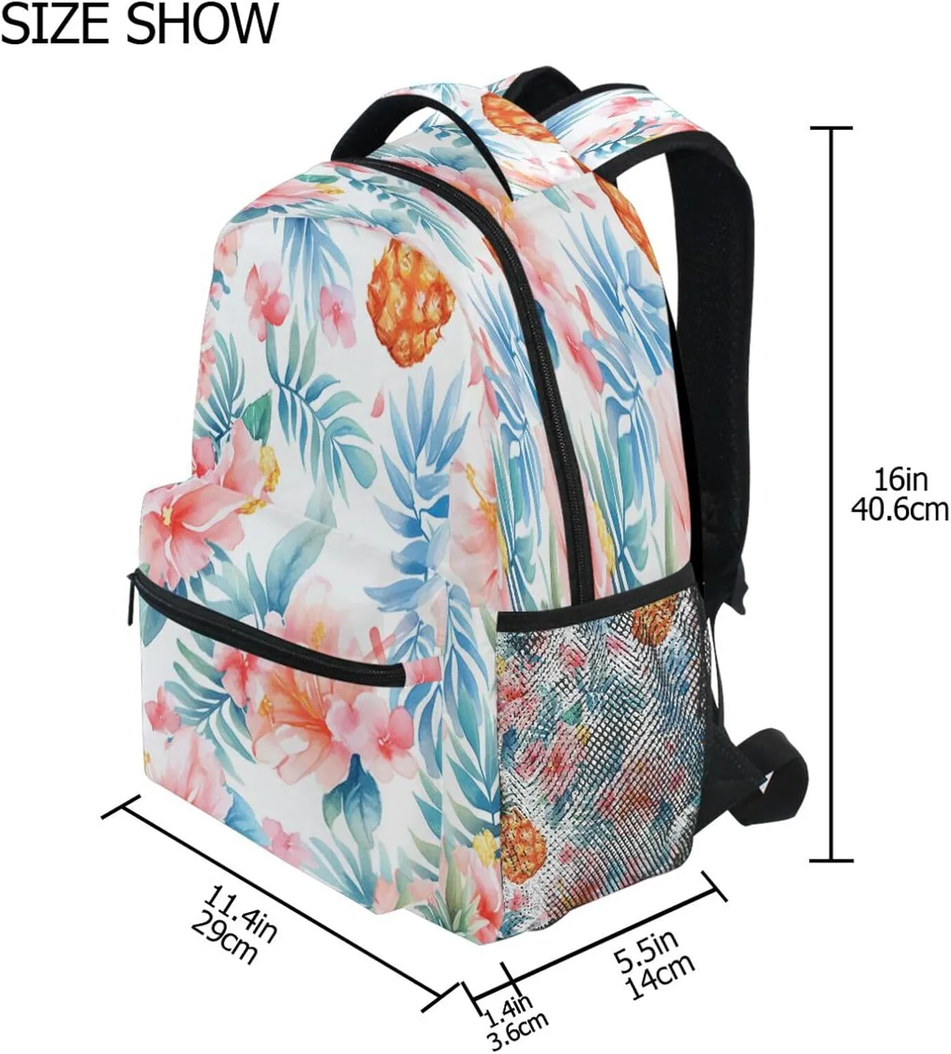 Backpacks for Teenager Fashion School Bag with Chest Strap for Business Work College Travel Trip Sliced Pineapple and Flowers Watercolor