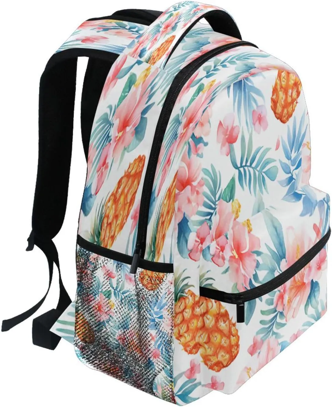 Backpacks for Teenager Fashion School Bag with Chest Strap for Business Work College Travel Trip Sliced Pineapple and Flowers Watercolor
