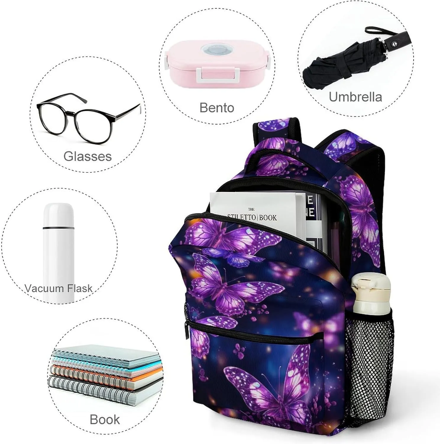 Backpacks Purple Cute Butterfly Print Travel Bag Laptop Backpack Casual Daypack for Weekender Business Hiking