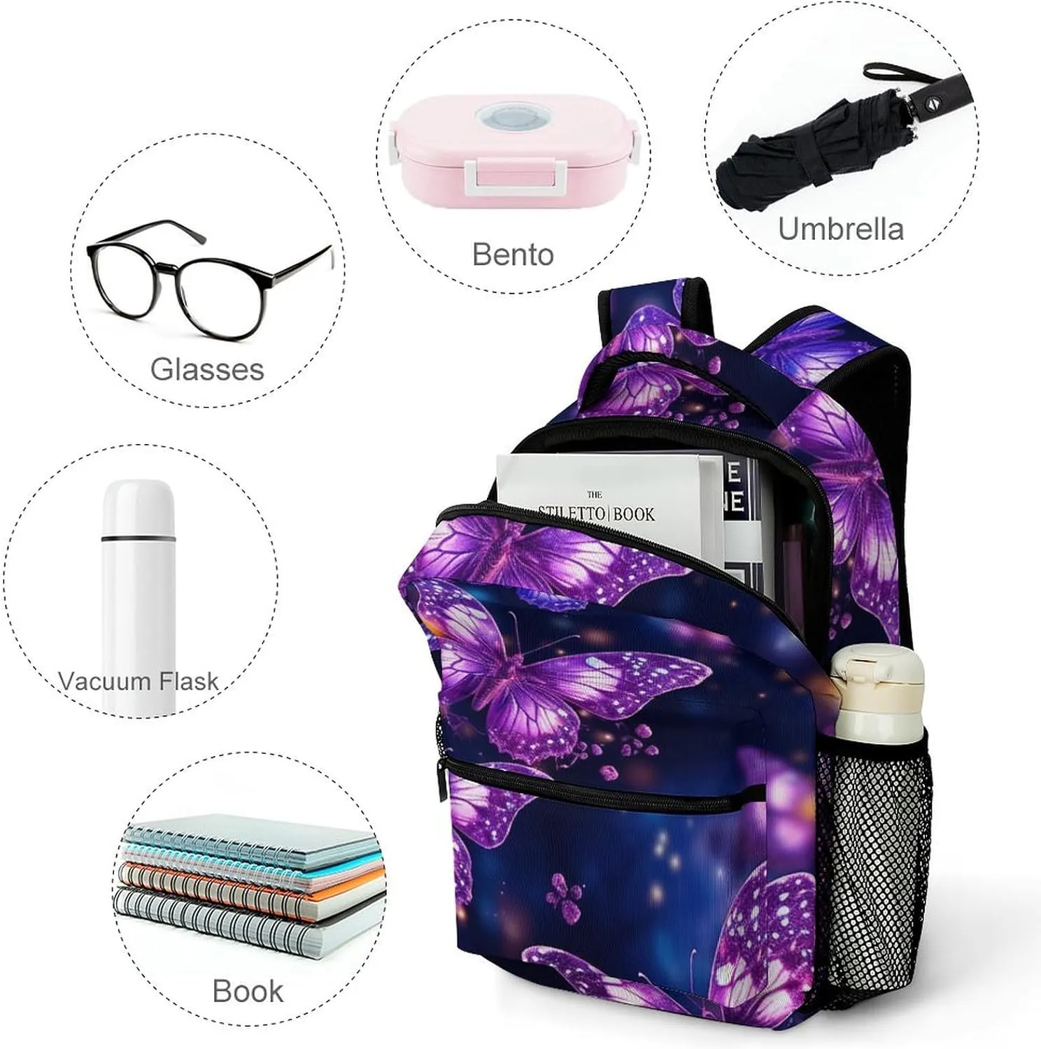 Backpacks Purple Cute Butterfly Print Travel Bag Laptop Backpack Casual Daypack for Weekender Business Hiking