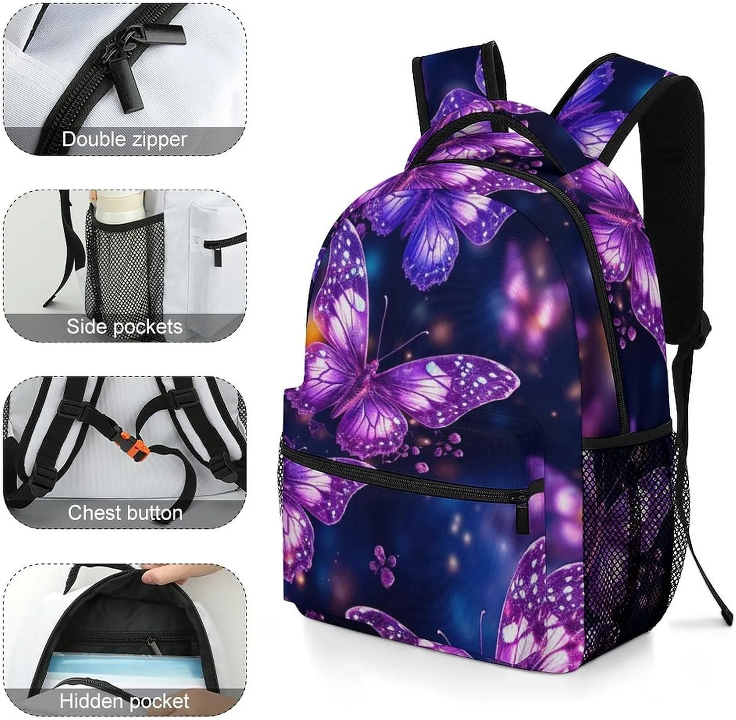 Backpacks Purple Cute Butterfly Print Travel Bag Laptop Backpack Casual Daypack for Weekender Business Hiking