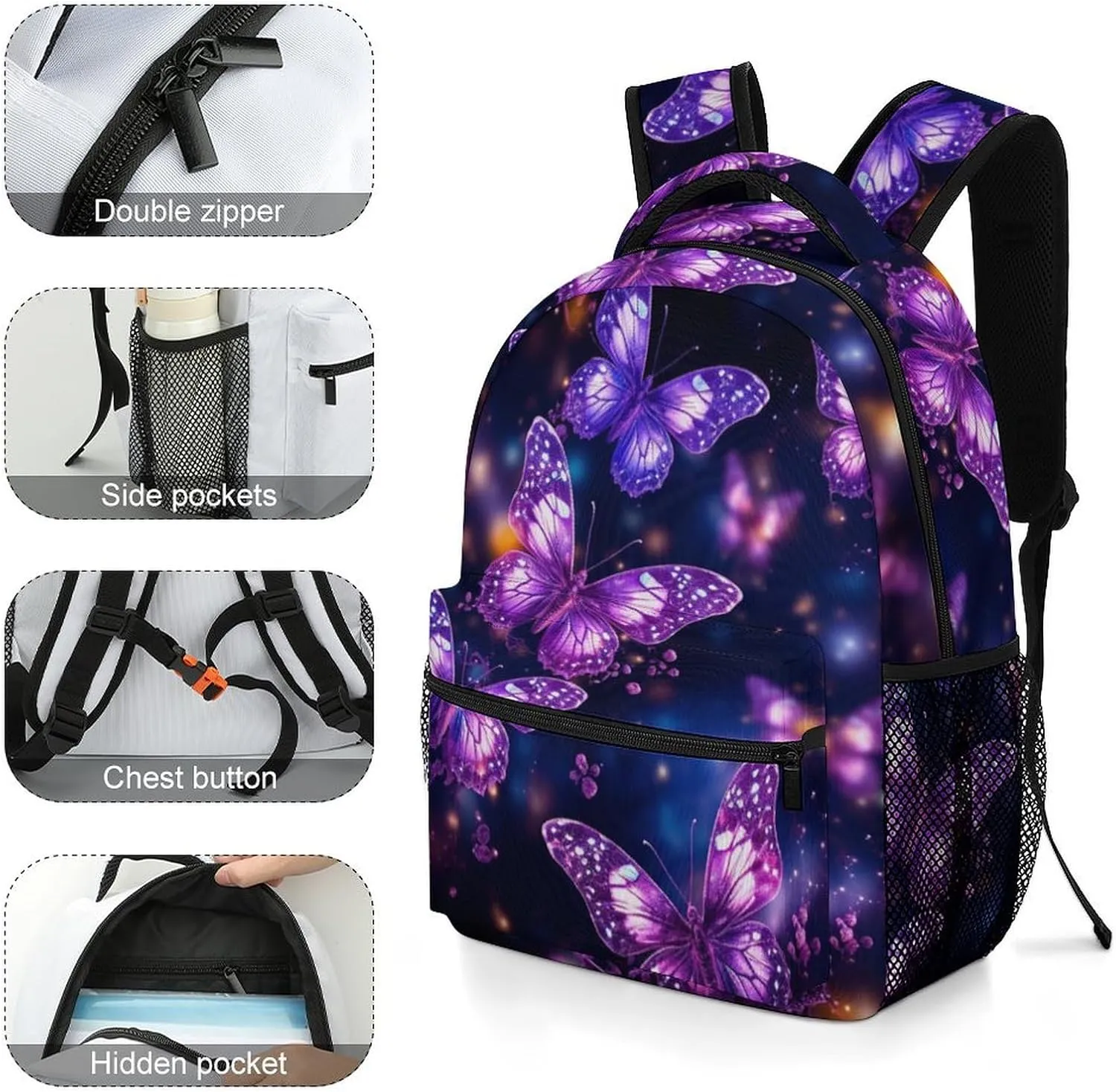 Backpacks Purple Cute Butterfly Print Travel Bag Laptop Backpack Casual Daypack for Weekender Business Hiking