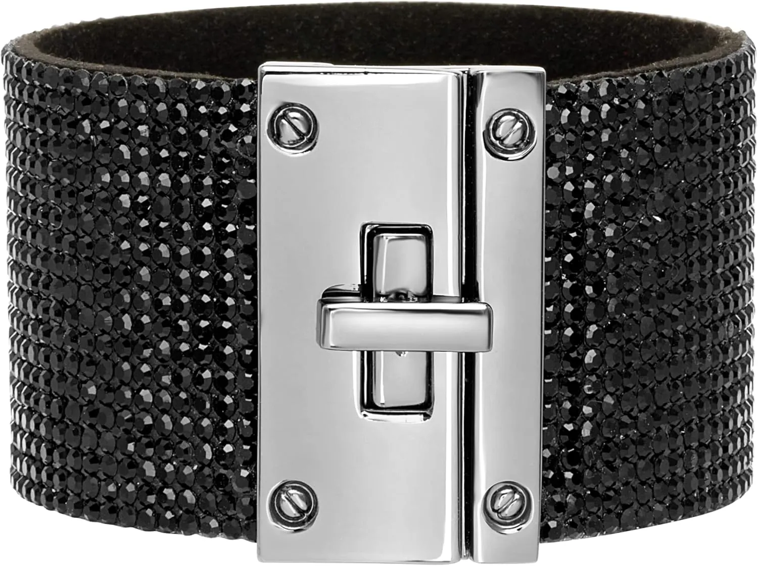 Badgley Mischka Women's Bracelet - Crystal Studded Leatherette Box Clasp Bangle Cuff Wrap Wristband