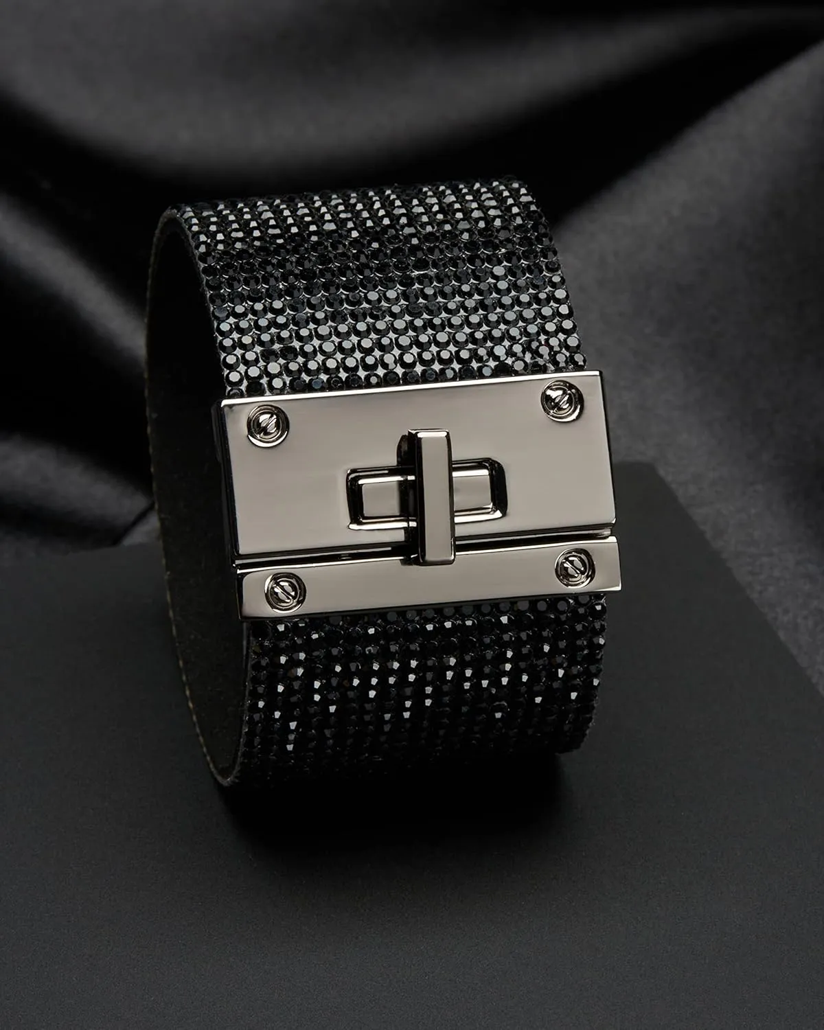 Badgley Mischka Women's Bracelet - Crystal Studded Leatherette Box Clasp Bangle Cuff Wrap Wristband