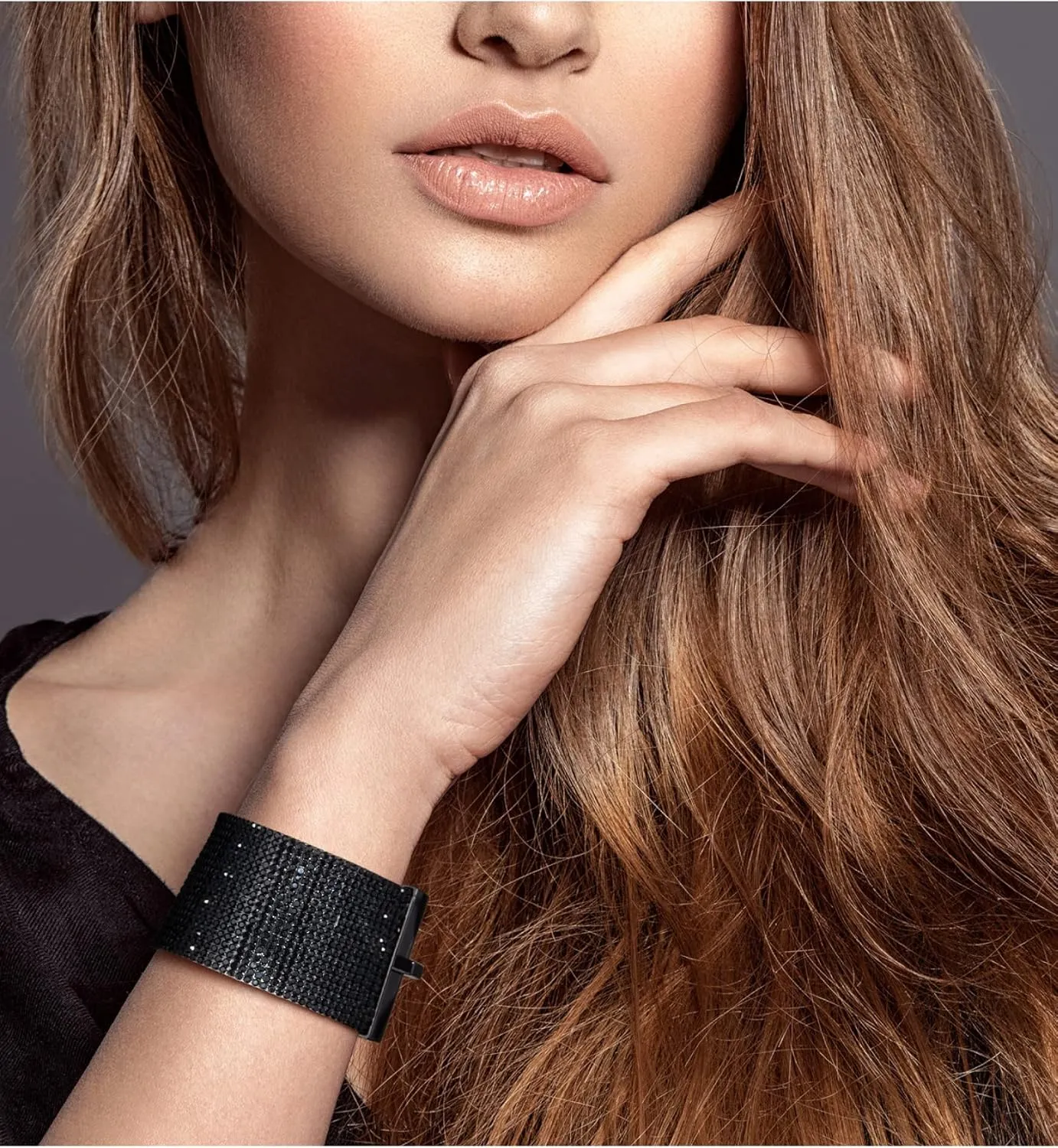 Badgley Mischka Women's Bracelet - Crystal Studded Leatherette Box Clasp Bangle Cuff Wrap Wristband