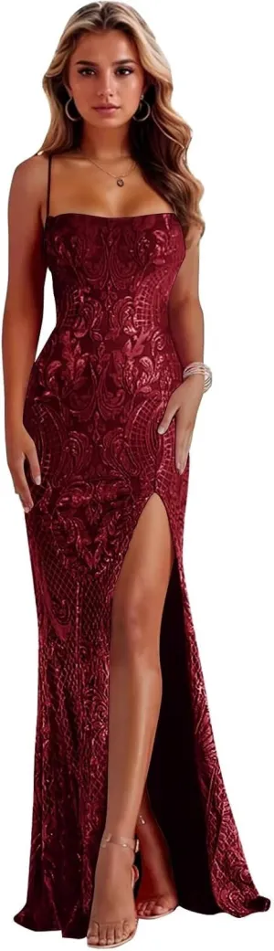 Basgute Mermaid Sequin Lace Prom Dresses for Women Sparkly Slit Long Corset Formal Evening Party Gown